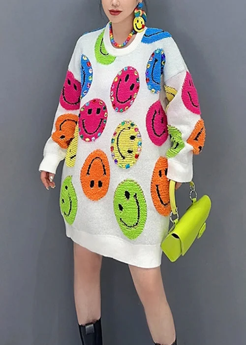 long-sleeved floral midi dressesLoose White O Neck Embroideried Patchwork Knit Mid Dress Fall