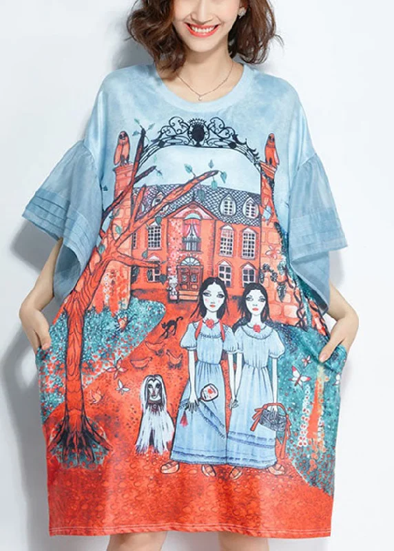 midi shift dressesItalian Light Blue O-Neck Pocket Character Print Silk Mid Dresses Flare Sleeve