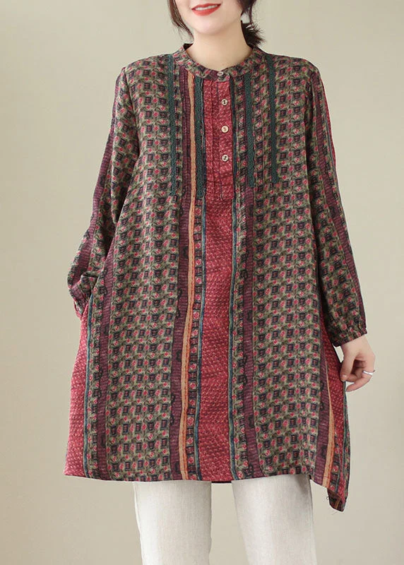 midi dresses for workHandmade Red Wrinkled Print Cotton Mid Shirts Dress Spring