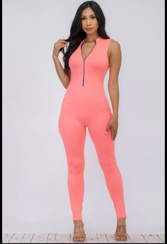 women's jumpsuits with cinched waistsCoral Plus size sleeveless mock neckline Jumpsuit