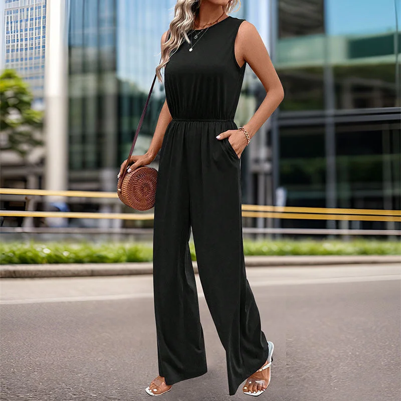 women's boho jumpsuitsIKEARLAX 2025  women's clothing sleeveless simple commuter jumpsuit high-waisted elastic-waisted jumpsuit straight-leg trousers