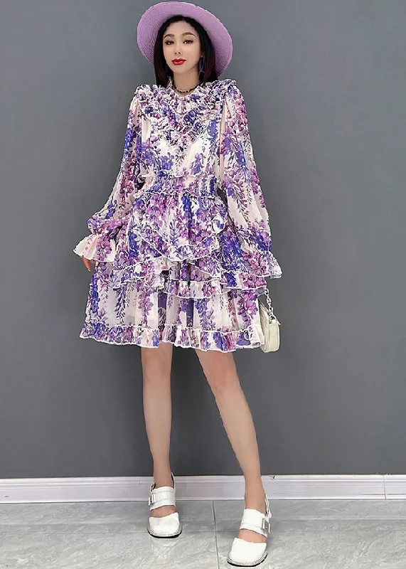 quick-dry midi dressesElegant Purple Stand CollarAsymmetrical Ruffled Chiffon Mid Dress Long Sleeve