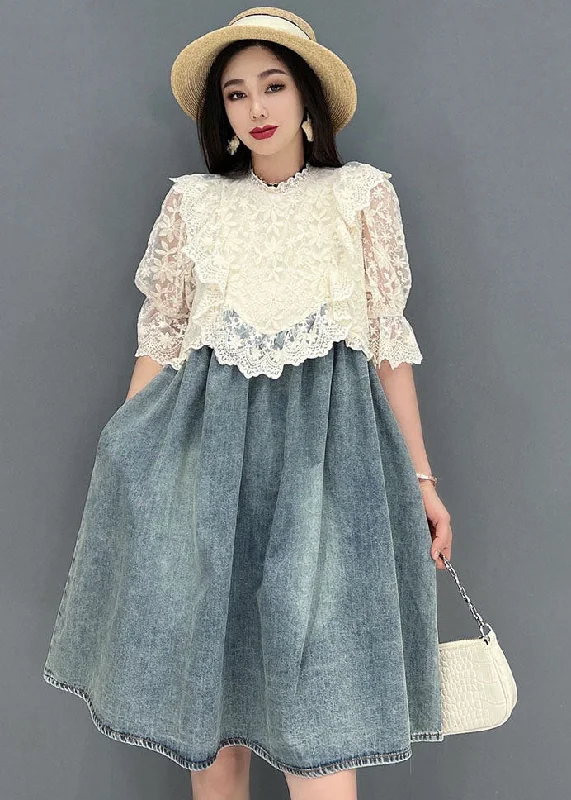 sleeveless midi dressesFrench Blue Stand Collar Hollow Out Lace Patchwork Cotton Denim Mid Dresses Short Sleeve