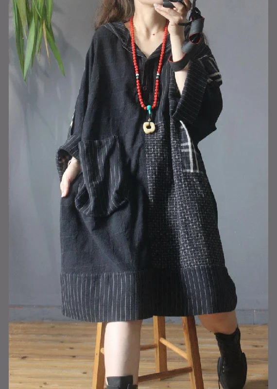 lace midi dressesLoose Black Patchwork Cotton Dress hooded Cotton Linen Summer Mid Dress