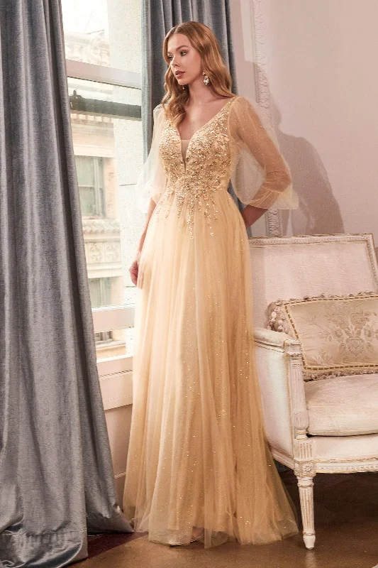 A-line wedding dressesCinderella Divine CD0182 Long Sleeve Mother of the Bride Long Tulle Dress Champagne