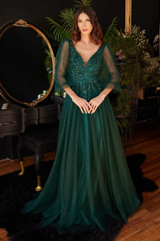 appliqued wedding dressesCinderella Divine CD0182 Long Sleeve Mother of the Bride Long Tulle Dress Emerald