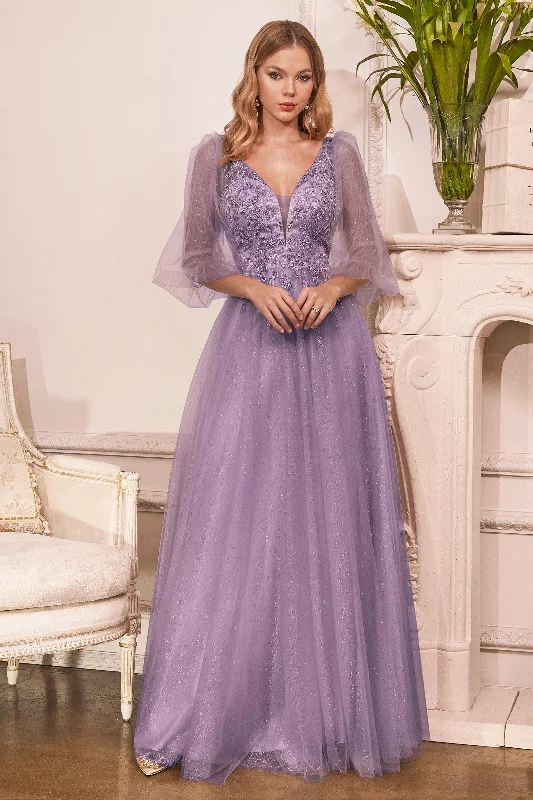 embroidered wedding dressesCinderella Divine CD0182 Long Sleeve Mother of the Bride Long Tulle Dress English Violet