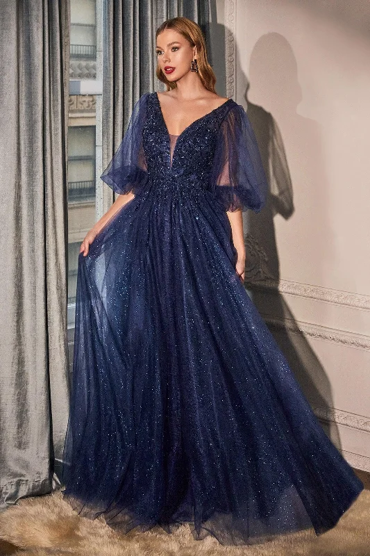 empire waist wedding dressesCinderella Divine CD0182 Long Sleeve Mother of the Bride Long Tulle Dress Navy