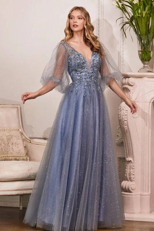 mermaid wedding dressesCinderella Divine CD0182 Long Sleeve Mother of the Bride Long Tulle Dress Smoky Blue