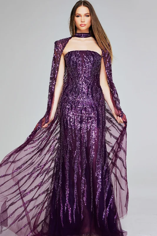 maxi dresses with low necklinesJovani 39046 Long Mermaid Formal Sequin Cape Dress