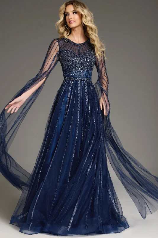 maxi dresses for bridesmaidsJovani 40629 Long A Line Beaded Formal Cape Sleeve Dress