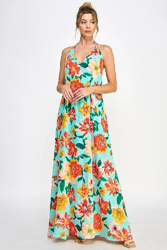 vintage maxi dressesLong Halter Neck Open Back Floral Dress