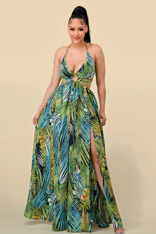 maxi dresses for everyday wearLong Halter Tropical Print Slit Dress