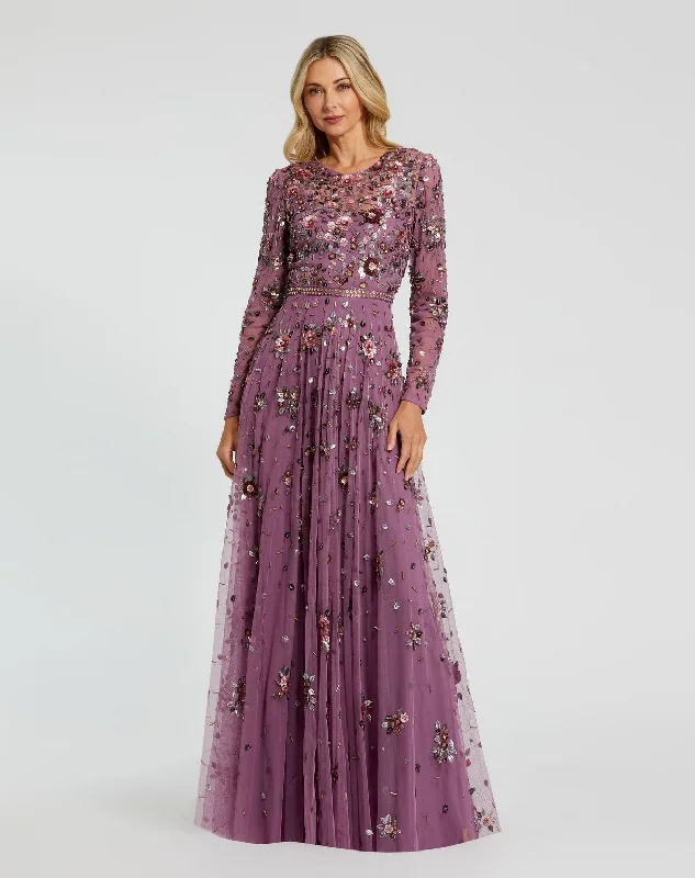 appliqued wedding dressesMac Duggal 10063 Long Sleeve Formal Beaded Mother of the Bride Dress