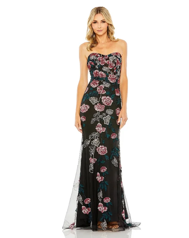 maxi dresses with appliquésMac Duggal 20581 Long Strapless Floral Embroidered Dress