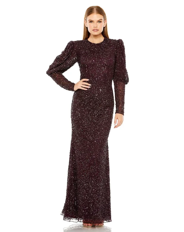 maxi dresses with flutter sleevesMac Duggal 24000 Long Puff Sleeve Beaded Dress