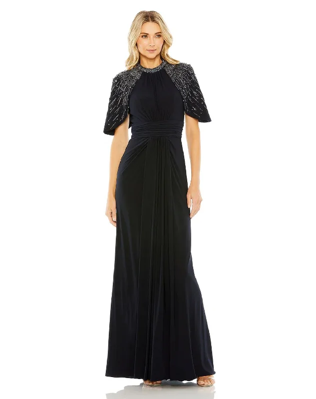 maxi dresses with short sleevesMac Duggal 42100 Long Formal Fitted Cape Sleeve Dress