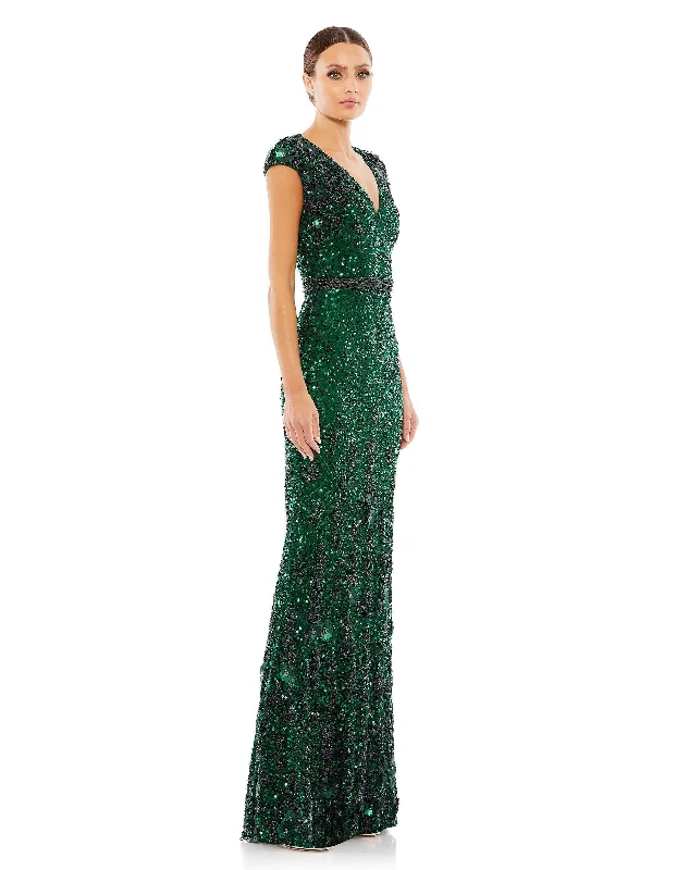 maxi dresses with high necklinesMac Duggal 5505 Long Embellished V Neck Cap Sleeve Sequin Dress