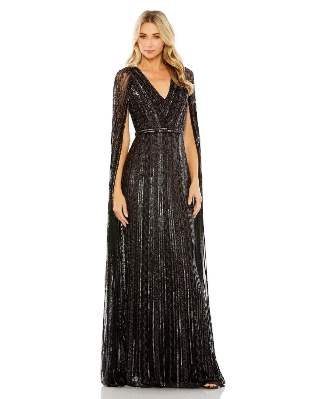 maxi dresses with back pocketsMac Duggal 5915 Long Sequined V Neck Cape Sleeve Dress