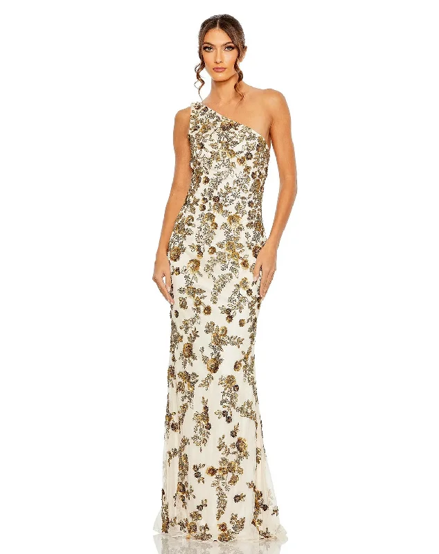 maxi dresses with sequined detailsMac Duggal 5955 Long Floral Beaded One Shoulder Dress