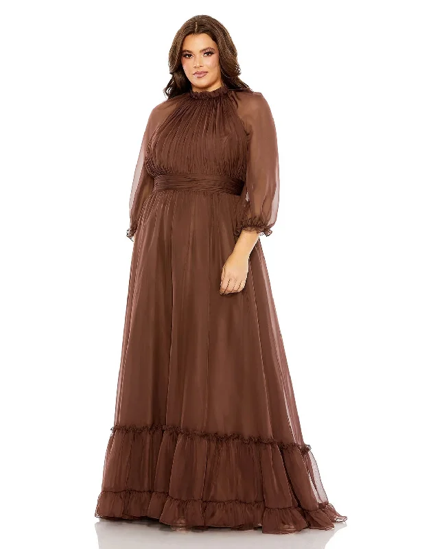 maxi dresses with built-in brasMac Duggal 68426 Plus Size Puff Sleeve Tiered A Line Long Dress