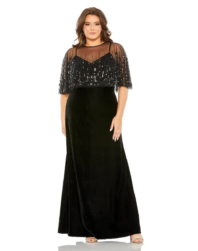 maxi dresses with cold-shoulder cutsMac Duggal 9228 Long Plus Size Velvet Cape Dress