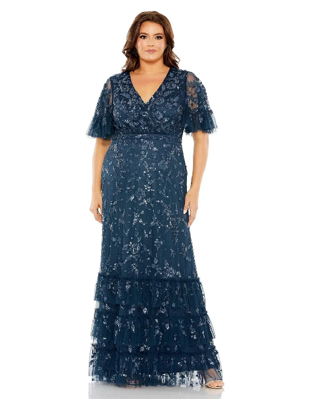 maxi dresses for date nightsMac Duggal 9270 Long Sequin Embellished Flutter Sleeve Faux Wrap V Neck Tiered Plus Size Dress