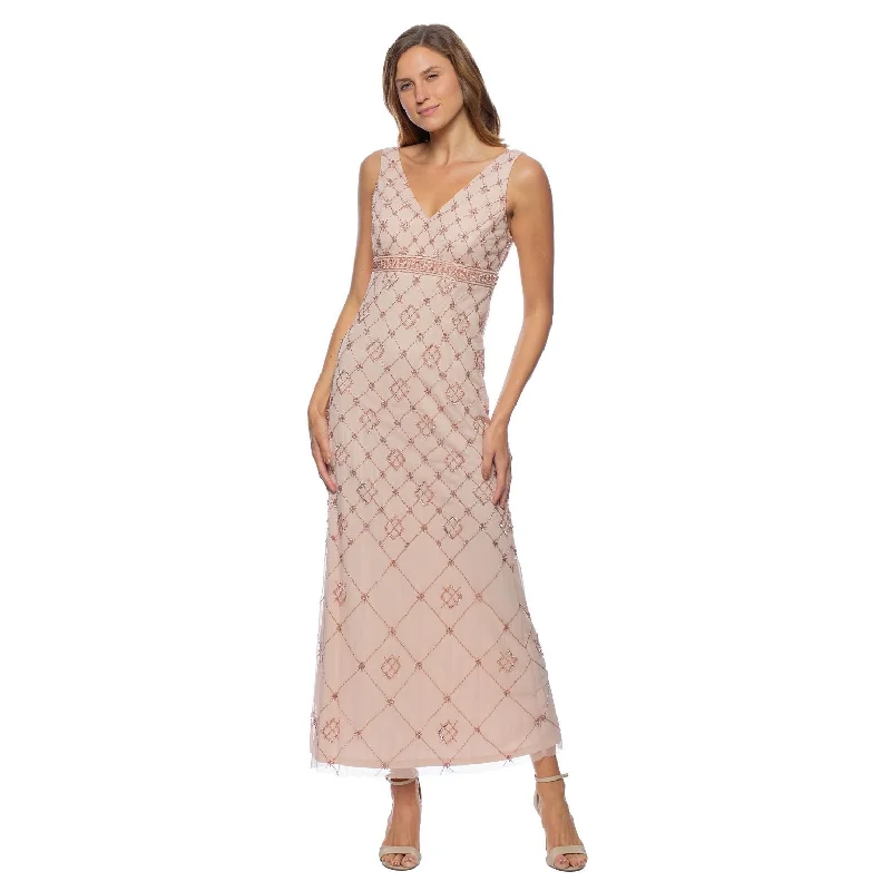 maxi dresses for autumnMarina  Long Beaded Sleeveless V Neck Dress