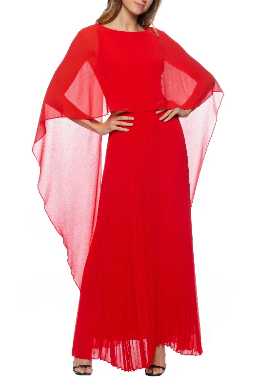 maxi dresses with thigh-high slitsMarina  Long Capelet Pleated Chiffon Dress