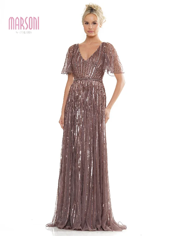 elegant wedding dressesMarsoni MV1258 Mother of the Bride Long Beaded Mesh Short Sleeve Dress