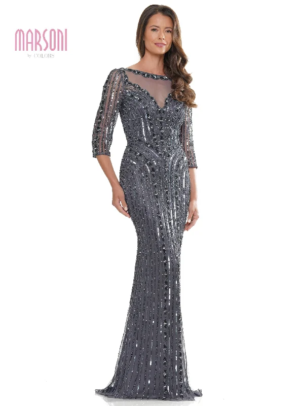 lace wedding dressesMarsoni MV1260 Mother of the Bride Long Beaded Mesh Quarter Sleeve Dress