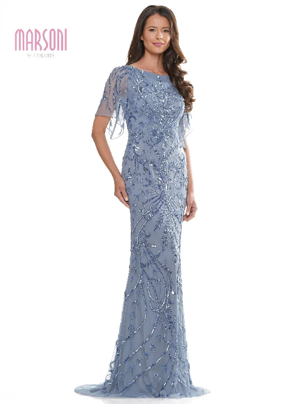 satin wedding dressesMarsoni MV1261 Mother of the Bride Long Beaded Mesh Short Sleeve Dress