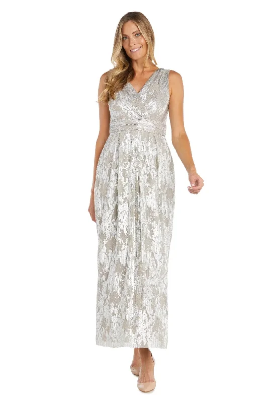 maxi dresses with low necklinesR&M Richards 1198P Long Formal Metallic Printed Petite Dress