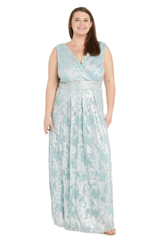 maxi dresses with off-the-shoulder necksR&M Richards 1198W Long Formal Plus Size Metallic Printed Dress