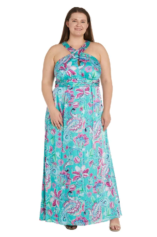 maxi dresses with halter necksR&M Richards 1260W Long Formal Plus Size Printed Cross Over Halter Dress