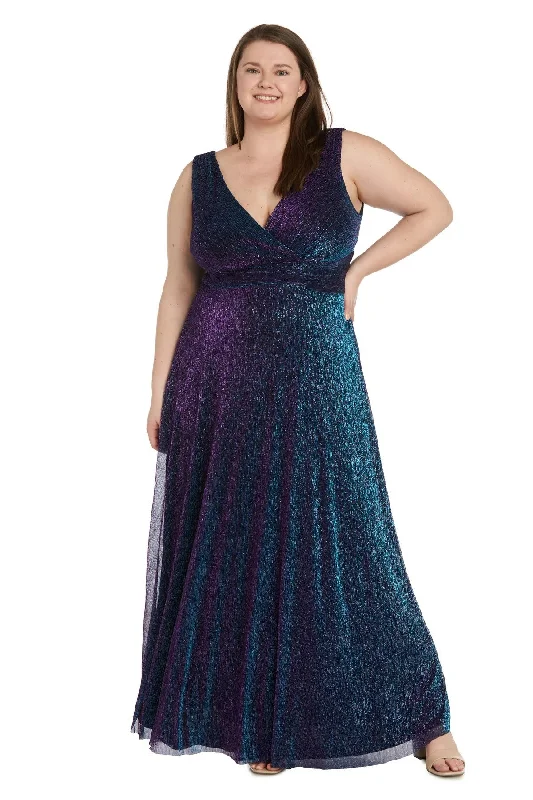 maxi dresses with lace overlaysR&M Richards 9836W Plus Size Long Formal Metallic Dress