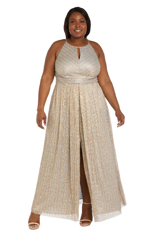 maxi dresses with pleatsR&M Richards 9552W Metallic Formal Plus Size Long Dress