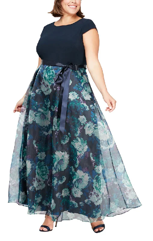 maxi dresses with appliquésSL Fashions 9441141 Plus Size Floral Printed Organza Skirt Long Dress