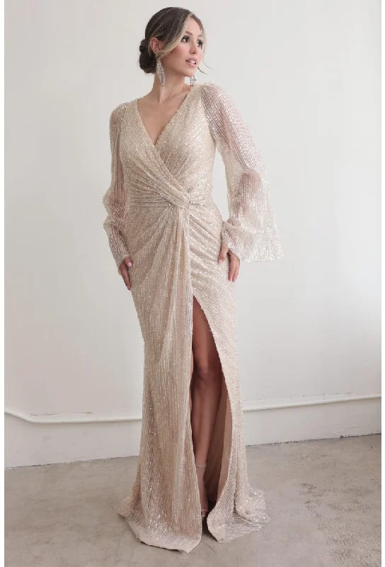 wedding dress with trainTerani Couture 242M3360 Sequins Long Sleeve Mother of the Bride Dress