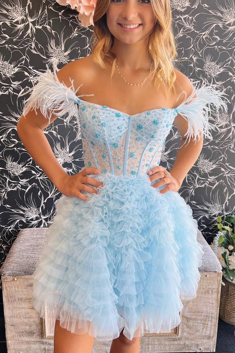 clubwear party dressesA Line Off the Shoulder Light Blue Short Homecoming Dress with Feather