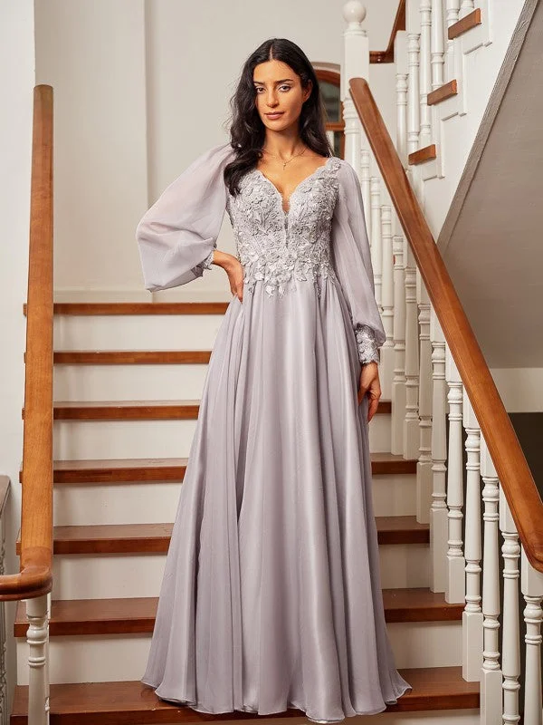 Funky Patterned Long Sleeves DressA-Line/Princess 30D Chiffon Applique V-neck Long Sleeves Floor-Length Dresses