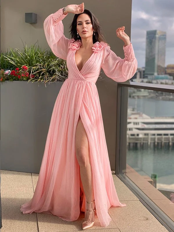 Flexible Stretch Long Sleeves DressA-Line/Princess 30D Chiffon Ruffles V-neck Long Sleeves Sweep/Brush Train Dresses