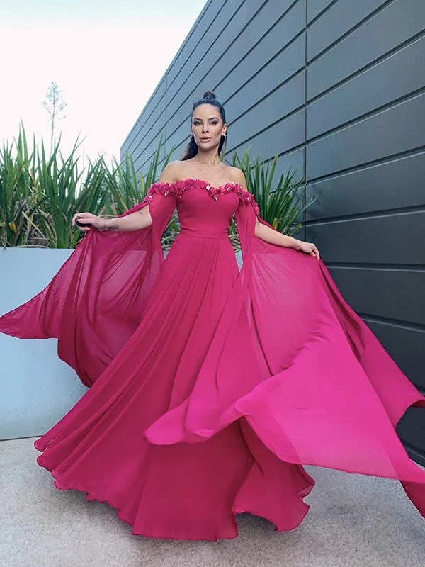 Fashionable Long Sleeves DressA-Line/Princess Chiffon Floor-Length Long Sleeves Ruffles Off-the-Shoulder Dresses