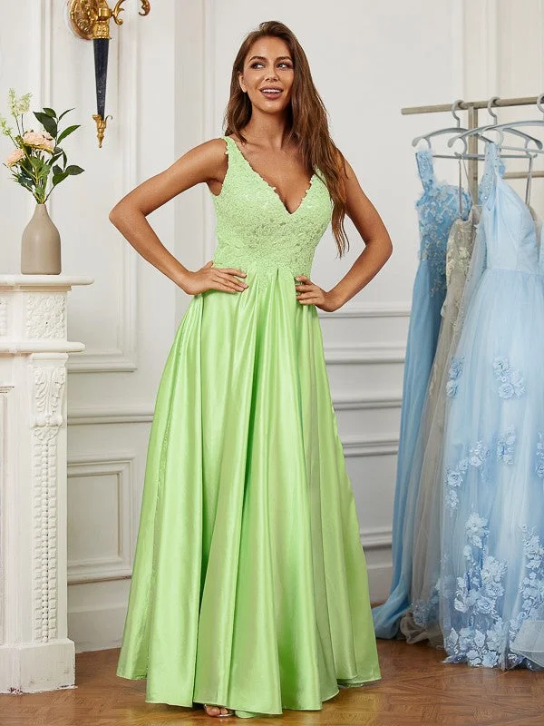 Sleeveless Dress With Floral PrintsA-Line/Princess  Woven Satin Lace V-neck Sleeveless Floor-Length Dresses