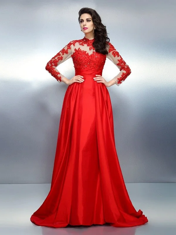 Fashionable Long Sleeves Off-the-Shoulder DressA-Line/Princess High Neck Applique Long Sleeves Long Satin Dresses