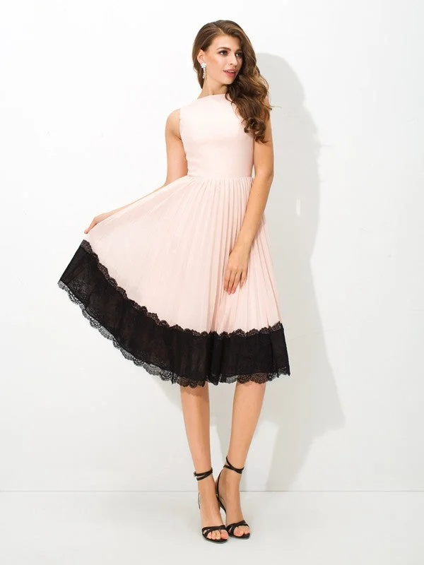 Sleeveless Dress With FlowersA-Line/Princess High Neck Lace Sleeveless Short Chiffon Cocktail Dresses