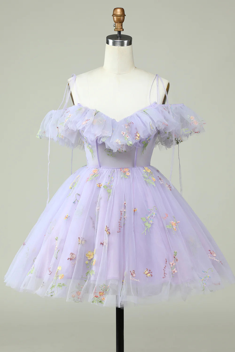 elegant party dressesA-Line Princess Lavender Off the Shoulder Corset Homecoming Dress with Ruffles