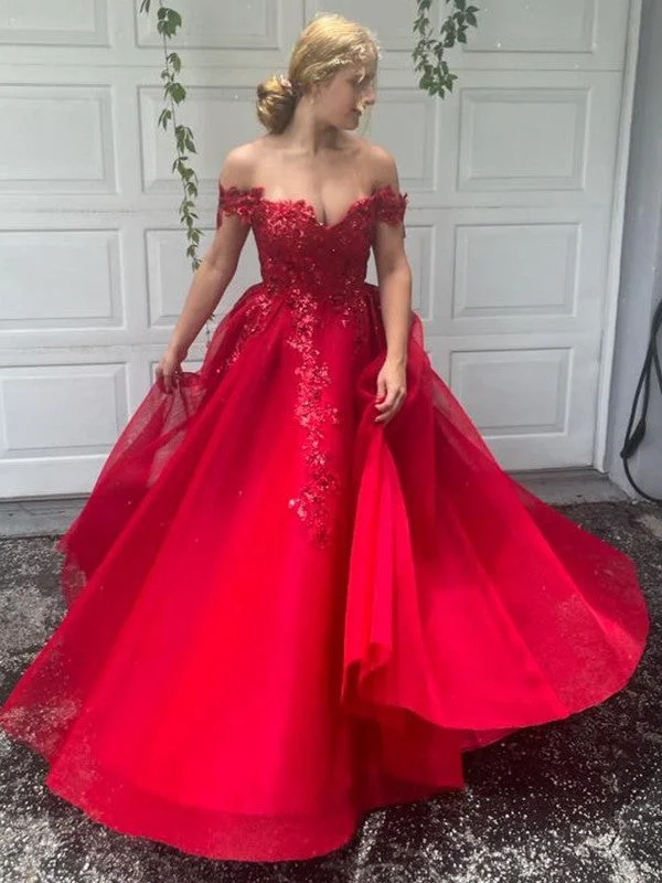 Sleeveless Dress FittedA-Line/Princess Off-the-Shoulder Tulle Applique Sleeveless Floor-Length Dresses