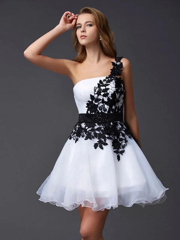 polka dot party dressesA-Line/Princess One-Shoulder Sleeveless Lace Short Organza Homecoming Dresses