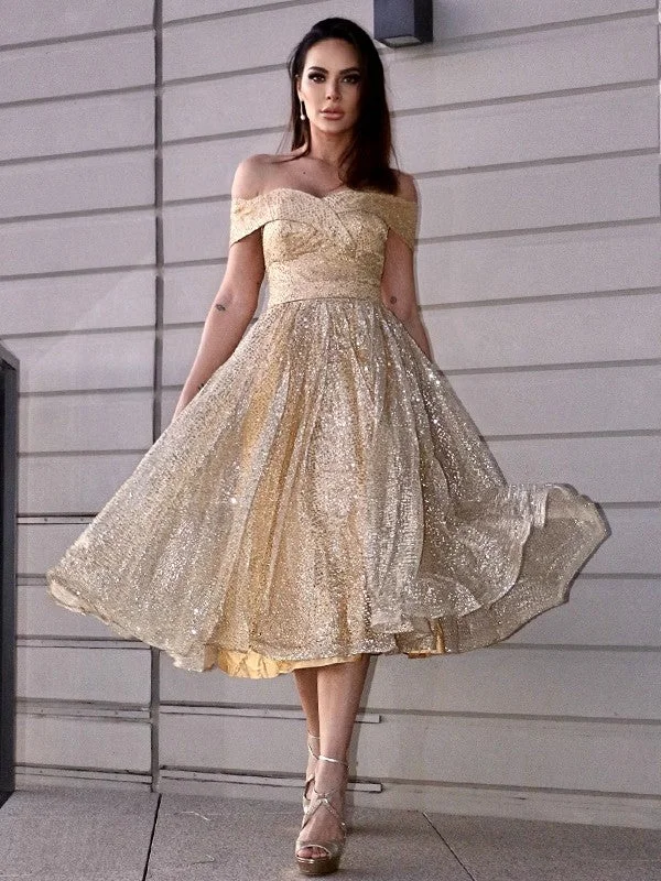 metallic party dressesA-Line/Princess Ruched Off-the-Shoulder Sleeveless Tea-Length Homecoming Dresses